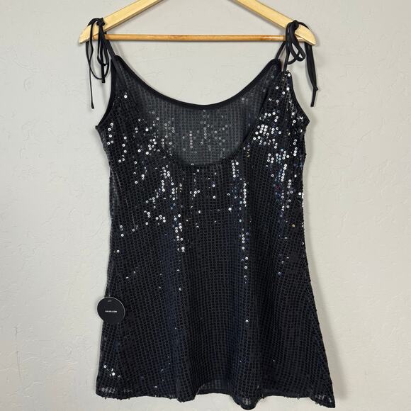 Lulus Black Sequin Tie Shoulder Sheer Top NWT Women's Medium NYE Party Holiday - Picture 2 of 11